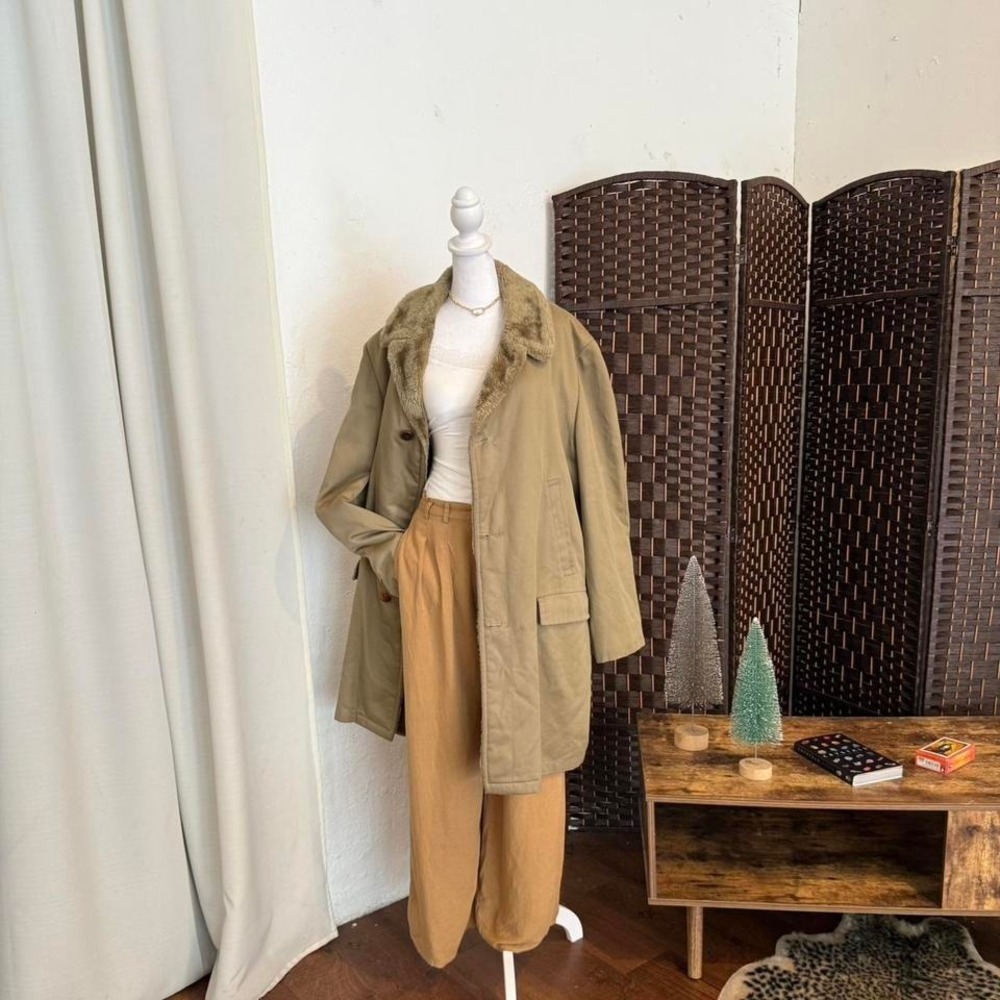 ZERO KING Vintage Tan Faux Fur Overcoat Men's Minimalist Winter Size 42